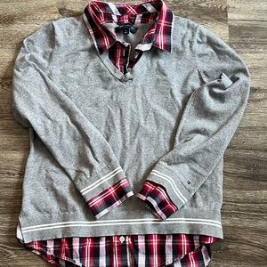 Tommy Hilfiger Gray Sweater with Red Plaid Shirt